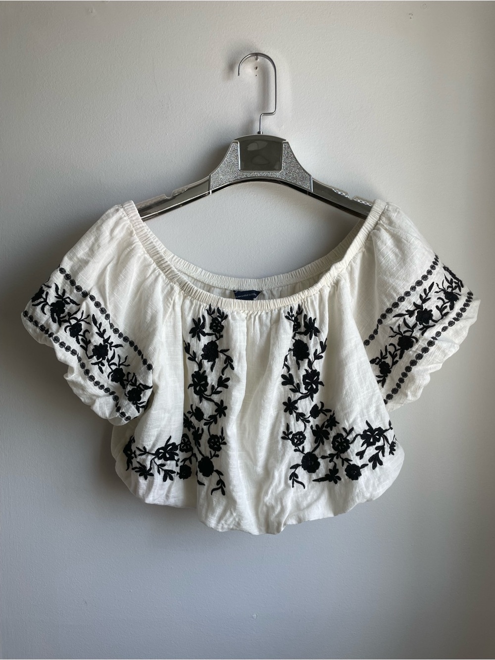 White Off-Shoulder Crop Top with Black Floral Embroidery-size S-Boho-Summer